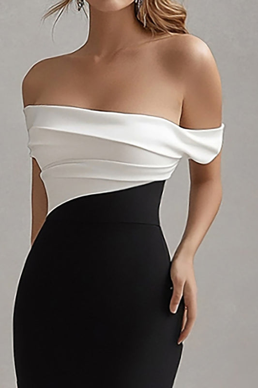 Black White Long Off the Shoulder Sheath Black Tie Dress with Slit
