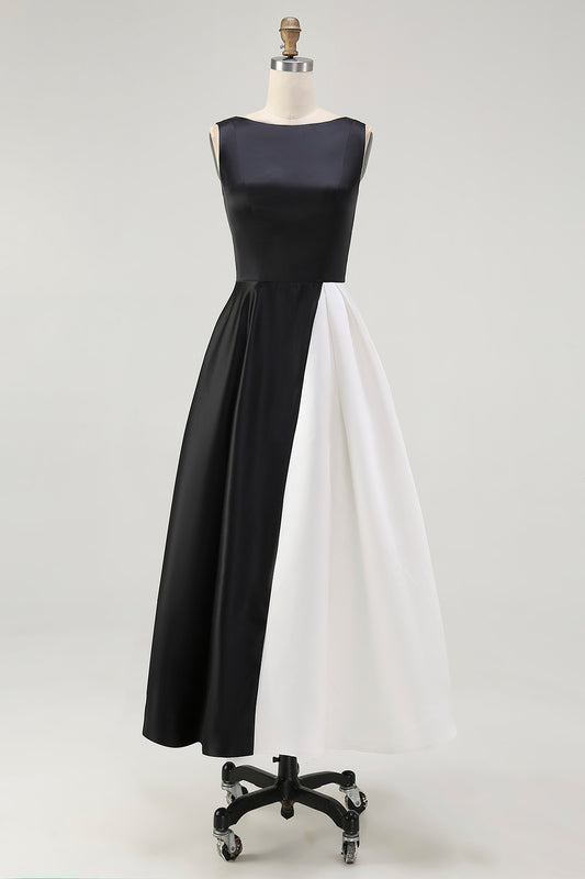 Black White Round Neck A Line Long Black Tie Dress
