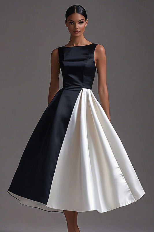 Black White Sleeveless A Line Long Black Tie Dress