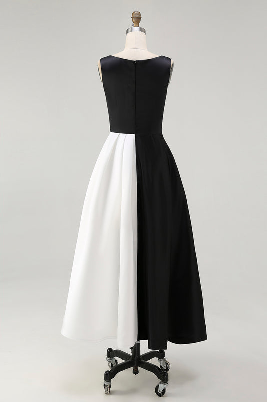 Black White Round Neck A Line Long Black Tie Dress