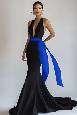 Black Royal Blue Sleeveless Long Deep V-Neck Black Tie Dress