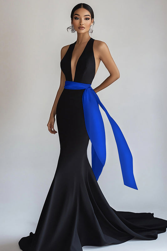 Black Royal Blue Sleeveless Long Deep V-Neck Black Tie Dress