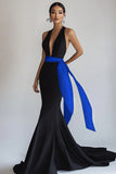 Black Royal Blue Sleeveless Long Deep V-Neck Black Tie Dress Black Royal Blue Sleeveless Long Deep V-Neck Black Tie Dress