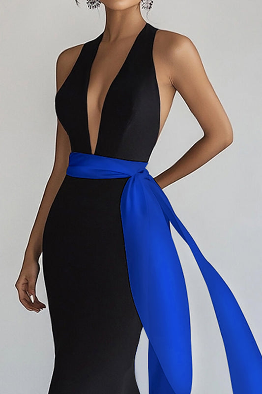Black Royal Blue Sleeveless Long Deep V-Neck Black Tie Dress