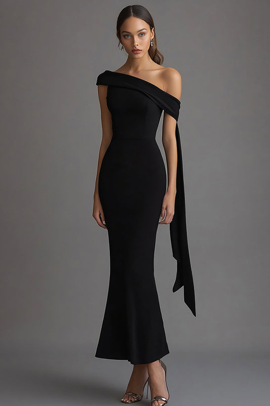 Black Sheath Long Streamer Black Tie Dress