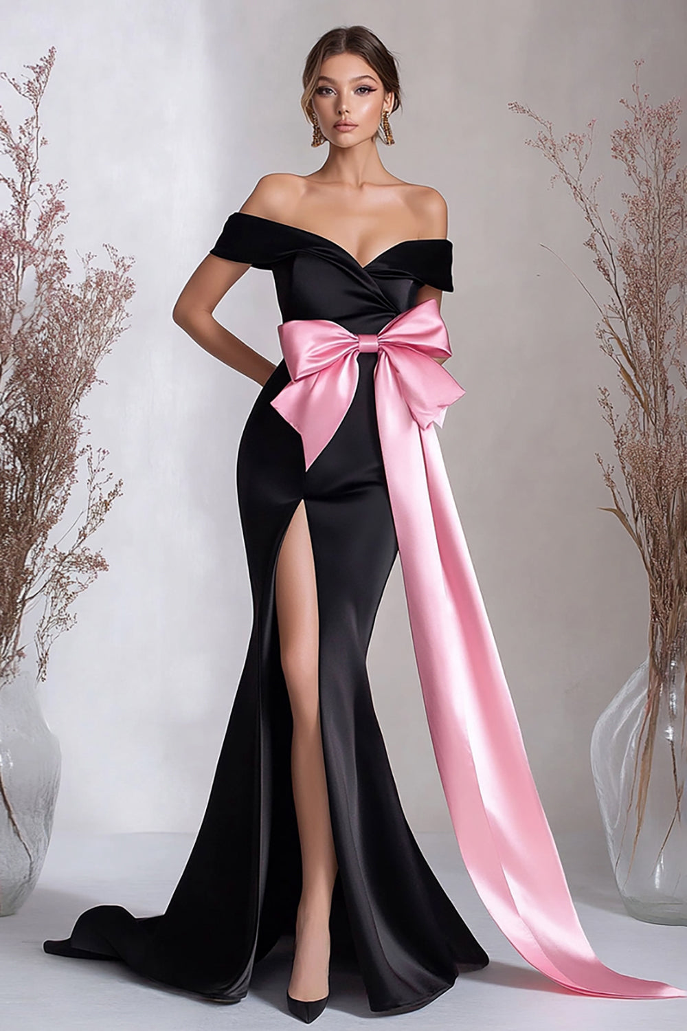 ZAPAKA Women Black Tie Dress with Pink Bowknot Off the Shoulder Satin Slit Mermaid Long Formal Dress, Black&Pink / US6