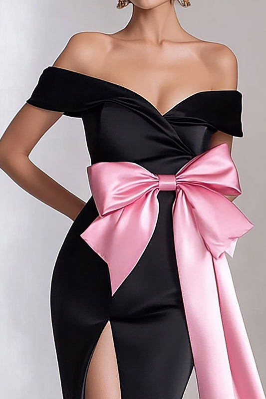 Black Pink Streamer Long Bowknot Black Tie Dress with Slit