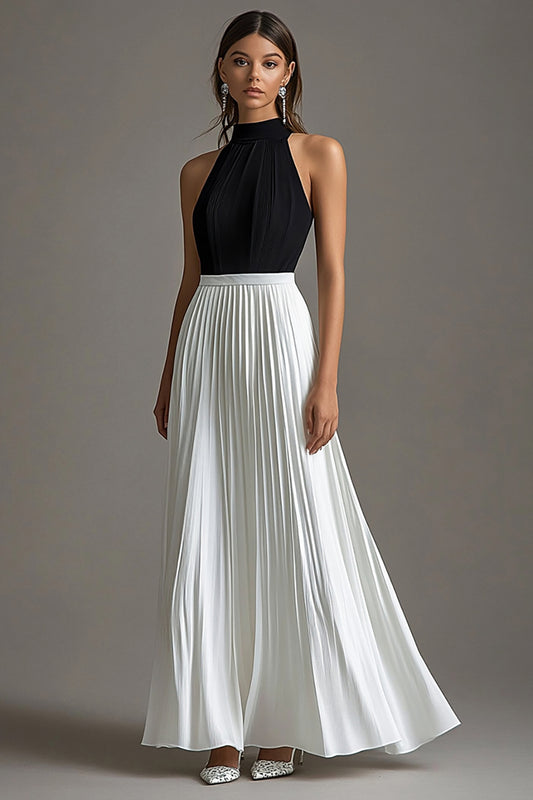 Black White A Line Halter Neck Long Black Tie Dress with Pleated