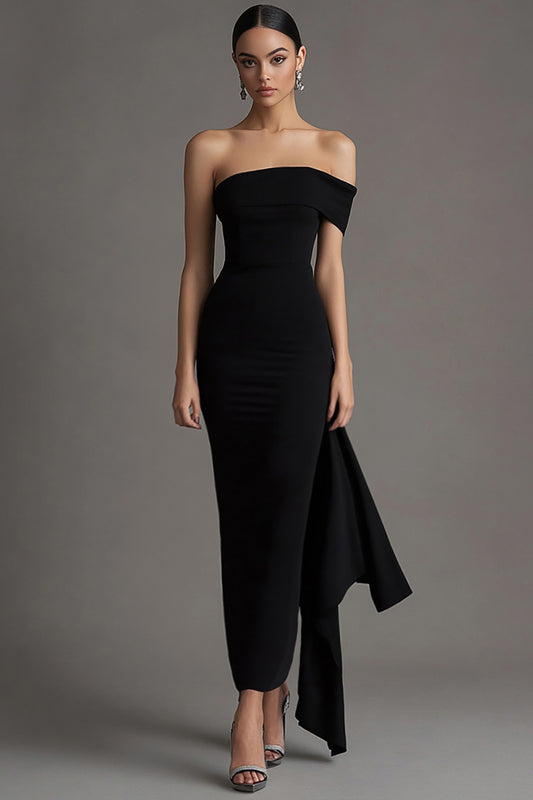 One Shoulder Black Sheath Long Black Tie Dress with Streamer