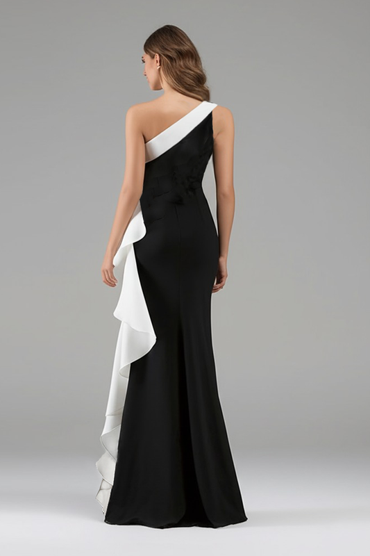 Black White One Shoulder Long Black Tie Dress with 3D Flowers