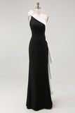 Black White One Shoulder Long Black Tie Dress with 3D Flowers Black White One Shoulder Long Black Tie Dress with 3D Flowers
