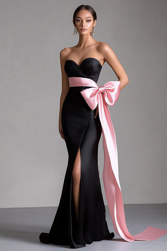 Black Pink Bowknot Long Black Tie Dress with Slit