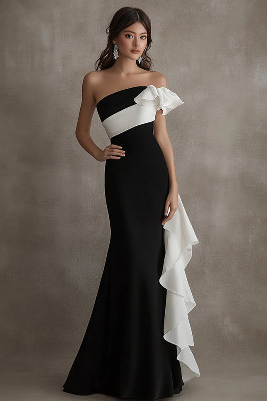 Sheath Black White Long Black Tie Dress with Ruffles