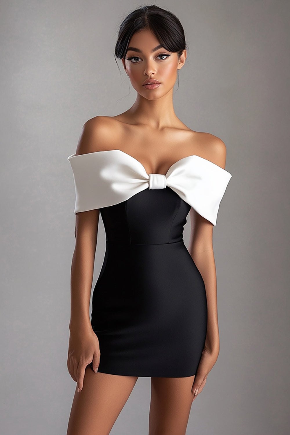 Sheath Short Black White Black Tie Dress with Bow Sheath Short Black White Black Tie Dress with Bow