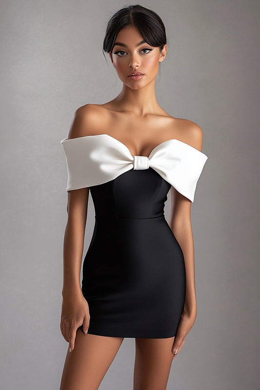 Sheath Short Black White Black Tie Dress with Bow