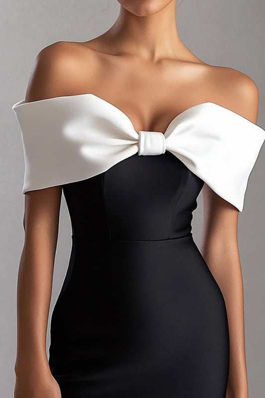Sheath Short Black White Black Tie Dress with Bow