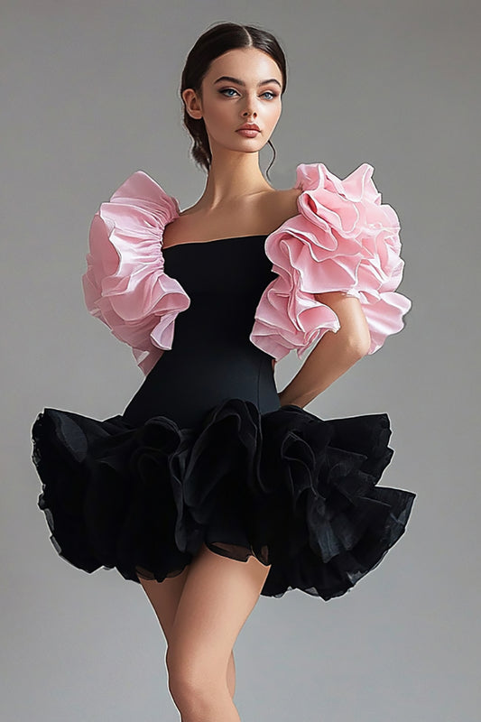 Square Neck Black Pink Ruched Short Black Tie Dress