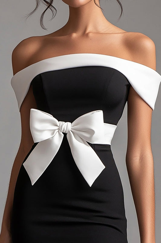 Black Off the Shoulder White Short Black Tie Dress with Bow