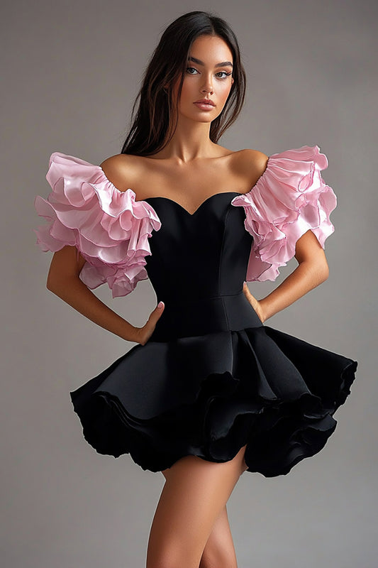 Sweetheart A Line Pink Short Black Tie Dress with Ruffles