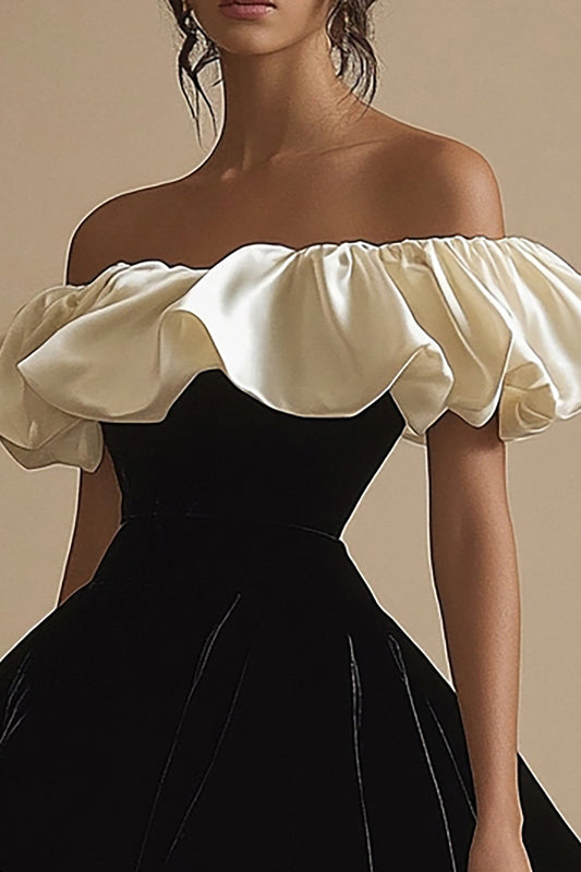 Off the Shoulder Ivory Short Black Tie Dress with Ruffles