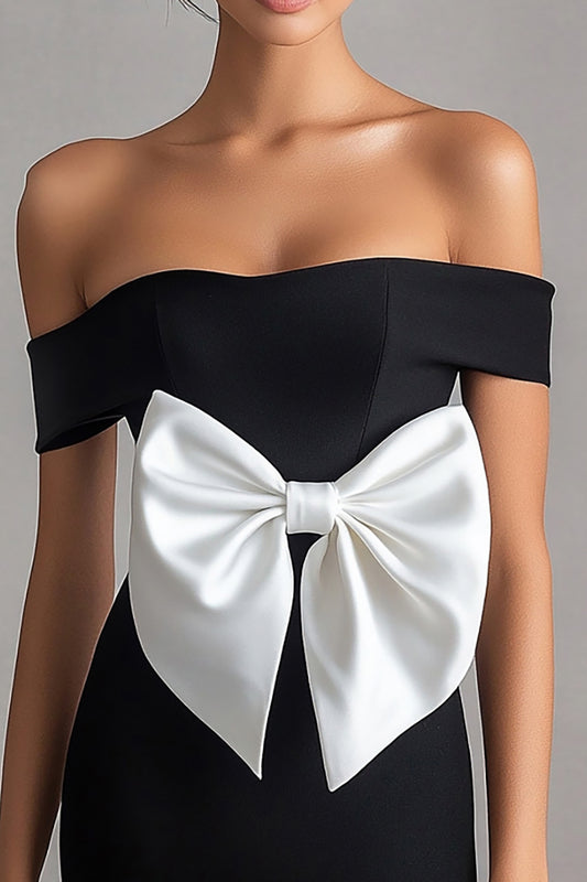 White Square Neck Short Black Tie Dress with Bow