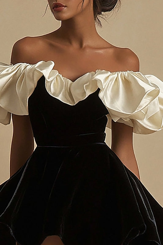 Ivory Short A Line Ruched Black Tie Dress with Ruffles