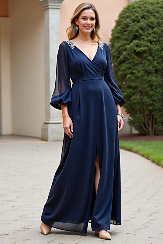 Long Sleeves Navy Chiffon Long Mother of the Bride Dress with Slit