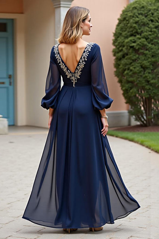 Long Sleeves Navy Chiffon Long Mother of the Bride Dress with Slit
