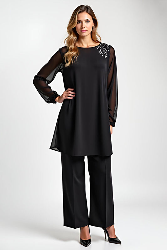 Black 2 Piece Chiffon Mother of the Bride Pantsuit with Long Sleeves