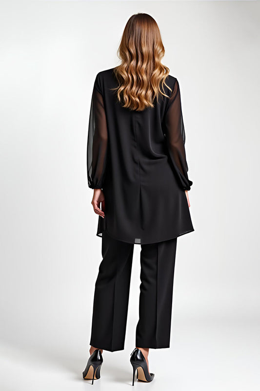 Black 2 Piece Chiffon Mother of the Bride Pantsuit with Long Sleeves