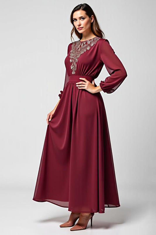 Burgundy Long Chiffon Mother of the Bride Dress with Long Sleeves