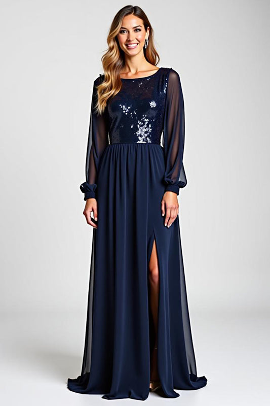 Chiffon Navy Long Sleeves Mother of the Bride Dress with Sequins
