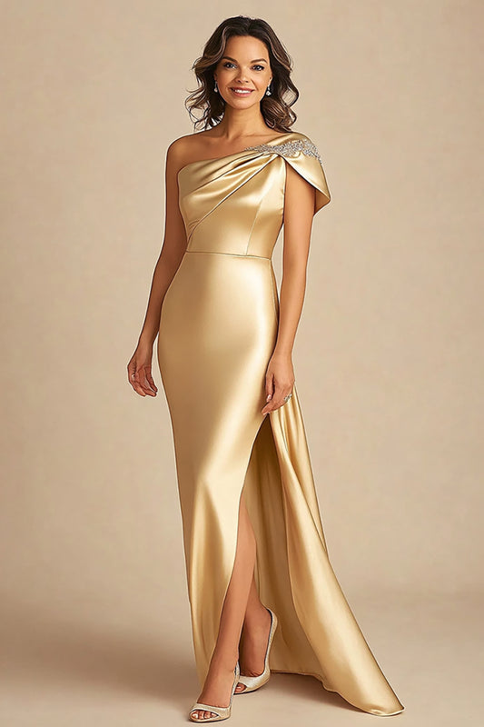 Gold One Shoulder Sheath Long Formal Dress with Slit
