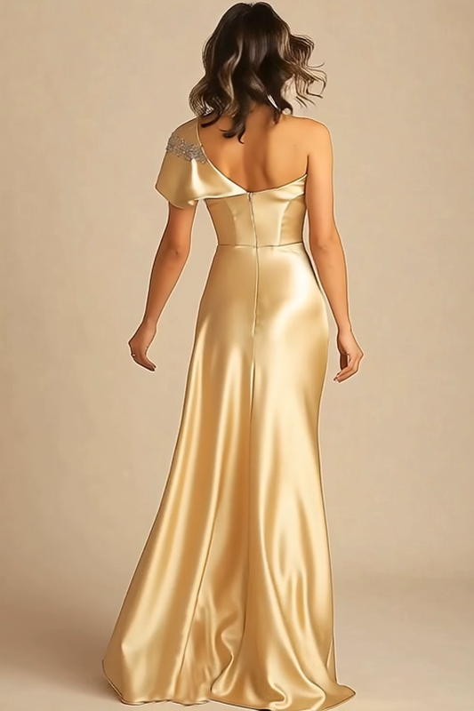 Gold One Shoulder Sheath Long Formal Dress with Slit