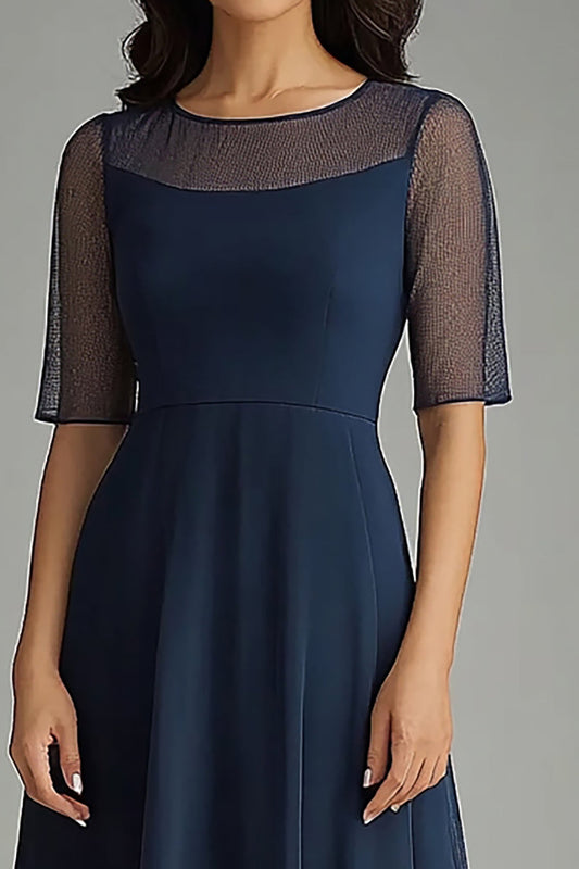 Navy Chiffon Illsion Neck Long Mother of the Bride Dress with Short Sleeves