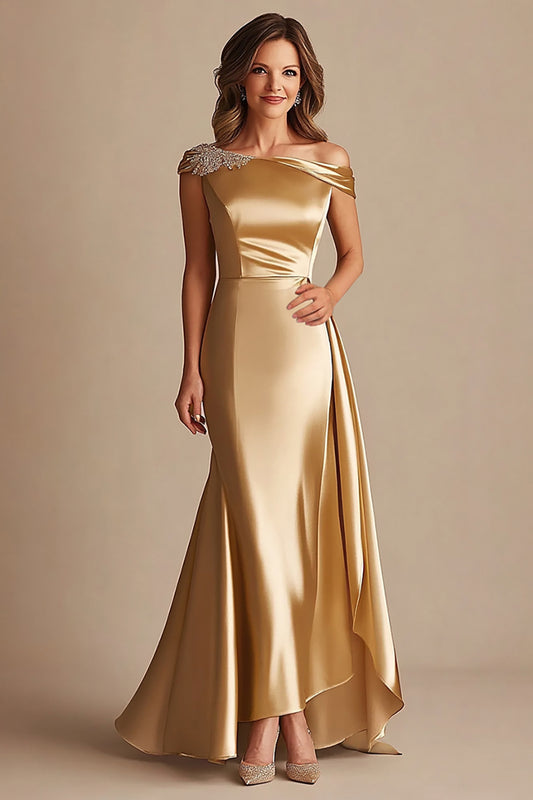 Gold Off the Shoulder Sheath Satin Long Formal Dress