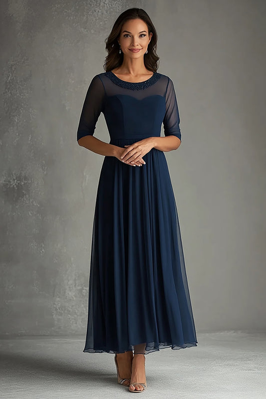 Scoop Navy Illusion Neck Long Formal Dress with Short Sleeves