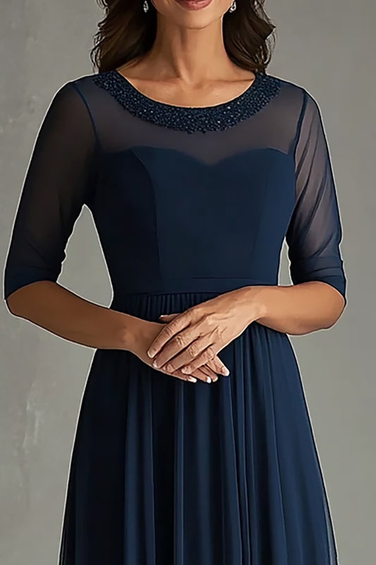 Scoop Navy Illusion Neck Long Formal Dress with Short Sleeves