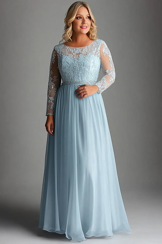 Plus Size Sky Blue Long Sleeves Long Mother of the Bride Dress with Appliques
