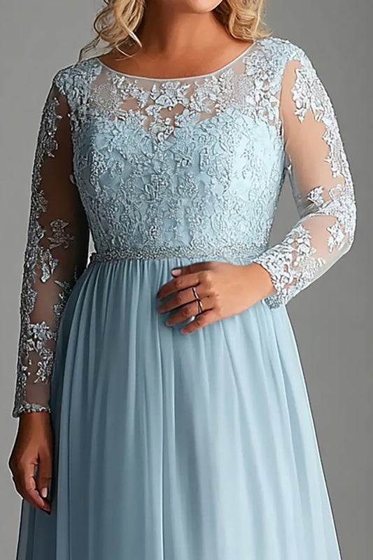 Plus Size Sky Blue Long Sleeves Long Mother of the Bride Dress with Appliques