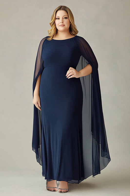 Plus Size Navy Chiffon Long Mother of the Bride Dress with Back Cape
