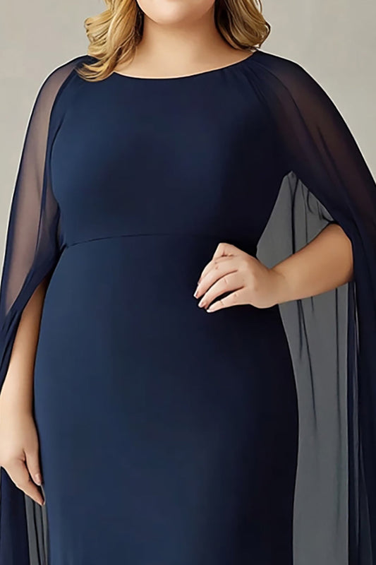 Plus Size Navy Chiffon Long Mother of the Bride Dress with Back Cape