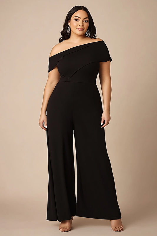 Off the Shoulder Chiffon Black Plus Size Mother of the Bride Pantsuit