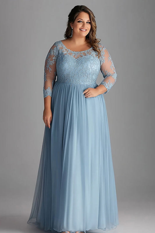 Plus Size Sky Blue 3/4 Sleeves Long Tulle Mother of the Bride Dress