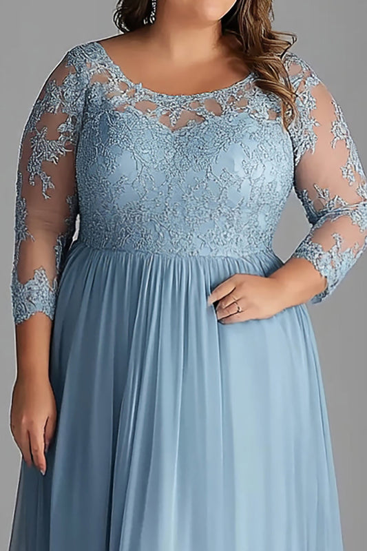 Plus Size Sky Blue 3/4 Sleeves Long Tulle Mother of the Bride Dress