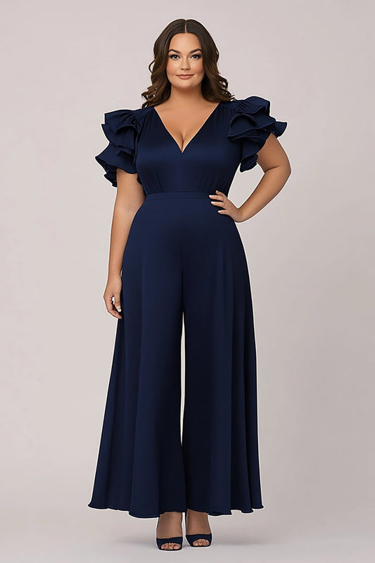 Plus Size Navy V-Neck Chiffon Mother of the Bride Pantsuit with Ruffles