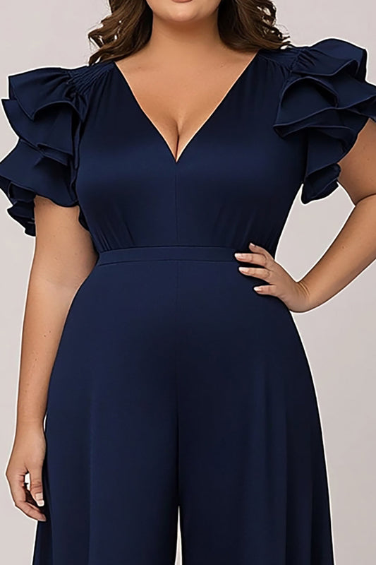 Plus Size Navy V-Neck Chiffon Mother of the Bride Pantsuit with Ruffles