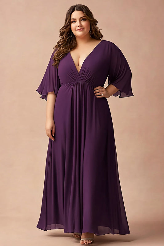 Plus Size V-Neck Dark Purple Chiffon Long Mother of the Bride Dress with Long Sleeves