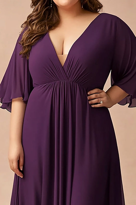 Plus Size V-Neck Dark Purple Chiffon Long Mother of the Bride Dress with Long Sleeves