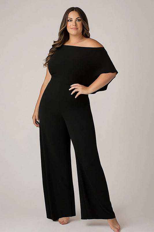 Chiffon Plus Size Black Off the Shoulder Mother of the Bride Pantsuit